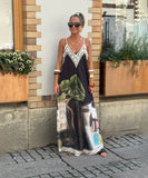 Relaxed Printed Vneck Strap Dress With Wide Skirt Style