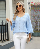 Chic V-neck Diamond Check Hollow-out Jacquard Horn Sleeve Loose T-shirt