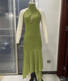 Backless Ruffled Solid Midi Dress