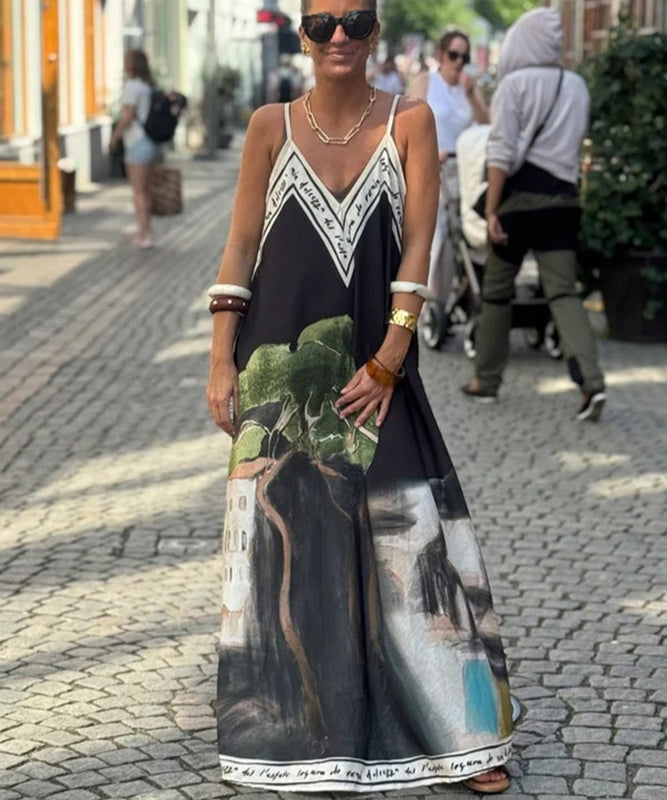 Relaxed Printed Vneck Strap Dress With Wide Skirt Style
