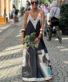 Relaxed Printed Vneck Strap Dress With Wide Skirt Style