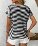 Seamed Knit V Neck Button Up Short Sleeve Top Elastane