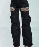 Multi Pocket Hand Drilled Washed Denim Jeans for Casual Style