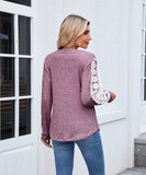 V Neck Loose Long Sleeve Lace Contrast Color T Shirt