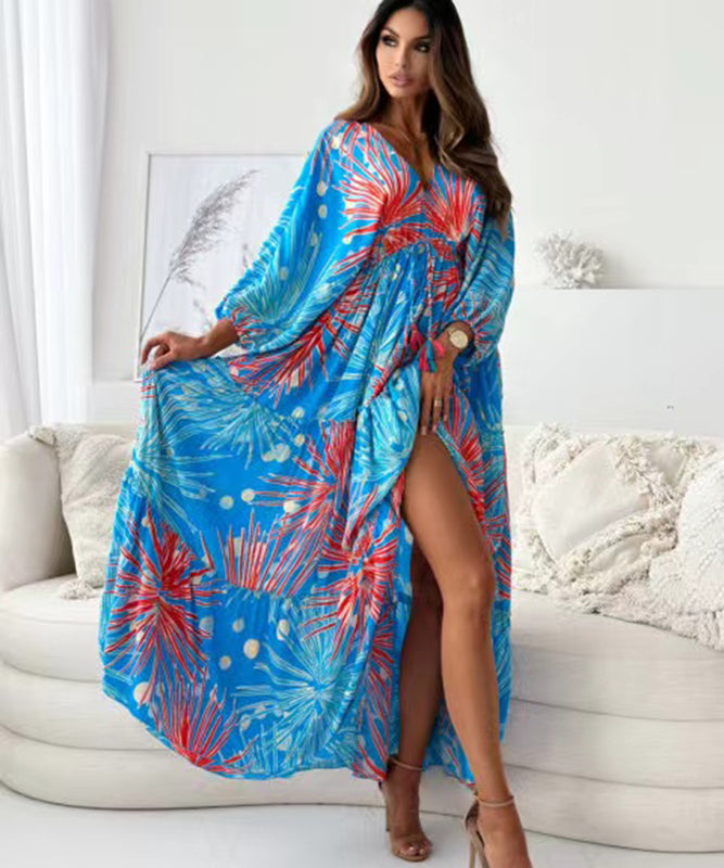 Seven-Point Sleeve Sexy Deep V Multi-Color Print Dress