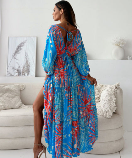 Dramatic V-Neck Floral Print Dress