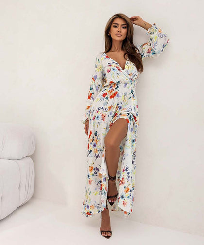 Printed V-Neck Slit Maxi Dress