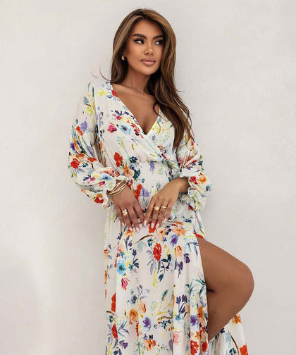 Printed V-Neck Slit Maxi Dress