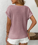 Seamed Knit V Neck Button Up Short Sleeve Top Elastane