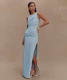 Round-Neck Backless Sleeveless Pleated Slit Dress Elegant Evening Cocktail Party Attire
