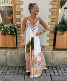 Relaxed Printed Vneck Strap Dress With Wide Skirt Style