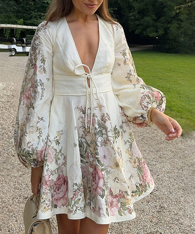 V-Neck Lantern Sleeve Print Lace-Up Dress - New Trend Appeal
