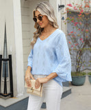 Chic V-neck Diamond Check Hollow-out Jacquard Horn Sleeve Loose T-shirt