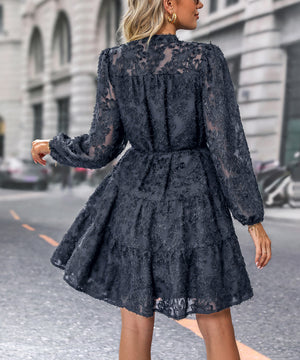 Luxe Jacquard Lace-Up Long-Sleeved Dress