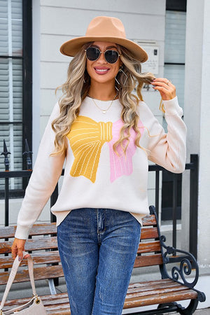 Chic Bow-Accented Color Block Sweater