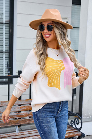 Chic Bow-Accented Color Block Sweater