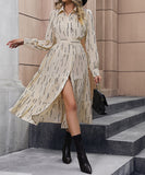 Lapel Long Sleeve Printed Button-Up Dress