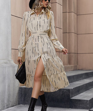 Lapel Long Sleeve Printed Button-Up Dress