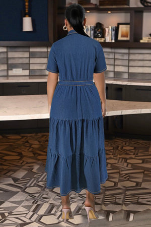 Chic Denim Long Dress with Lapel Buttons and Pockets