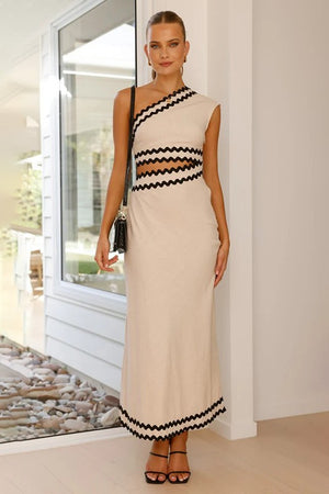 Elegant Long Dress with Lace Patchwork and Diagonal Neckline