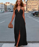 Backless Waist Cinching Halter Neck Maxi Dress With Slit