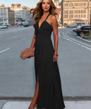 Backless Waist Cinching Halter Neck Maxi Dress With Slit