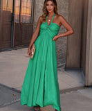 Backless Waist Cinching Halter Neck Maxi Dress With Slit