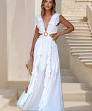 Sexy V Neck Backless Dress With Lotus Leaf Hem Slit