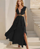 Sexy V Neck Backless Dress With Lotus Leaf Hem Slit