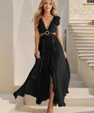 Sexy V Neck Backless Dress With Lotus Leaf Hem Slit