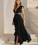Sexy V Neck Backless Dress With Lotus Leaf Hem Slit