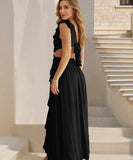 Sexy V Neck Backless Dress With Lotus Leaf Hem Slit