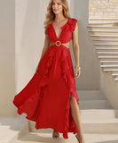 Sexy V Neck Backless Dress With Lotus Leaf Hem Slit