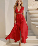 Sexy V Neck Backless Dress With Lotus Leaf Hem Slit