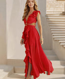 Sexy V Neck Backless Dress With Lotus Leaf Hem Slit