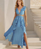 Sexy V Neck Backless Dress With Lotus Leaf Hem Slit