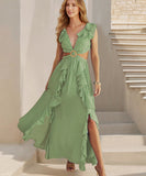 Sexy V Neck Backless Dress With Lotus Leaf Hem Slit
