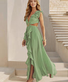 Sexy V Neck Backless Dress With Lotus Leaf Hem Slit