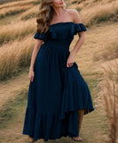 Ruffled Edge Off The Shoulder Dress In Solid Color Now