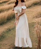 Ruffled Edge Off The Shoulder Dress In Solid Color Now