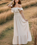 Ruffled Edge Off The Shoulder Dress In Solid Color Now