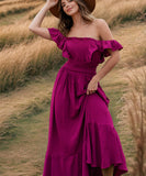 Ruffled Edge Off The Shoulder Dress In Solid Color Now