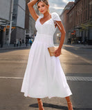V Neck Belted A Line Skirt Polyester In Yellow Blue White