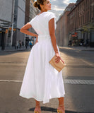 V Neck Belted A Line Skirt Polyester In Yellow Blue White