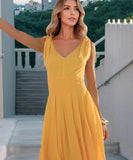 V Neck Belted A Line Skirt Polyester In Yellow Blue White