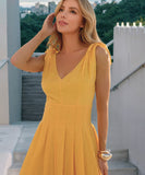 V Neck Belted A Line Skirt Polyester In Yellow Blue White