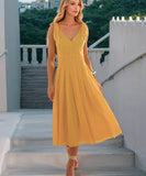 V Neck Belted A Line Skirt Polyester In Yellow Blue White