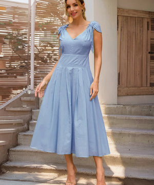 V Neck Belted A Line Skirt Polyester In Yellow Blue White