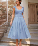 V Neck Belted A Line Skirt Polyester In Yellow Blue White
