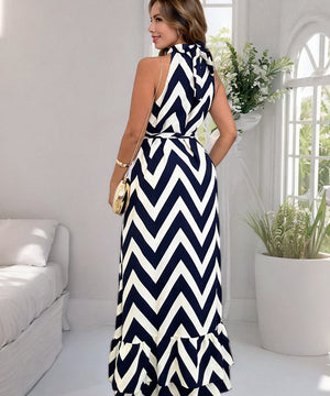 V Neck Sleeveless Wave Pattern Printed Dress Purple Black